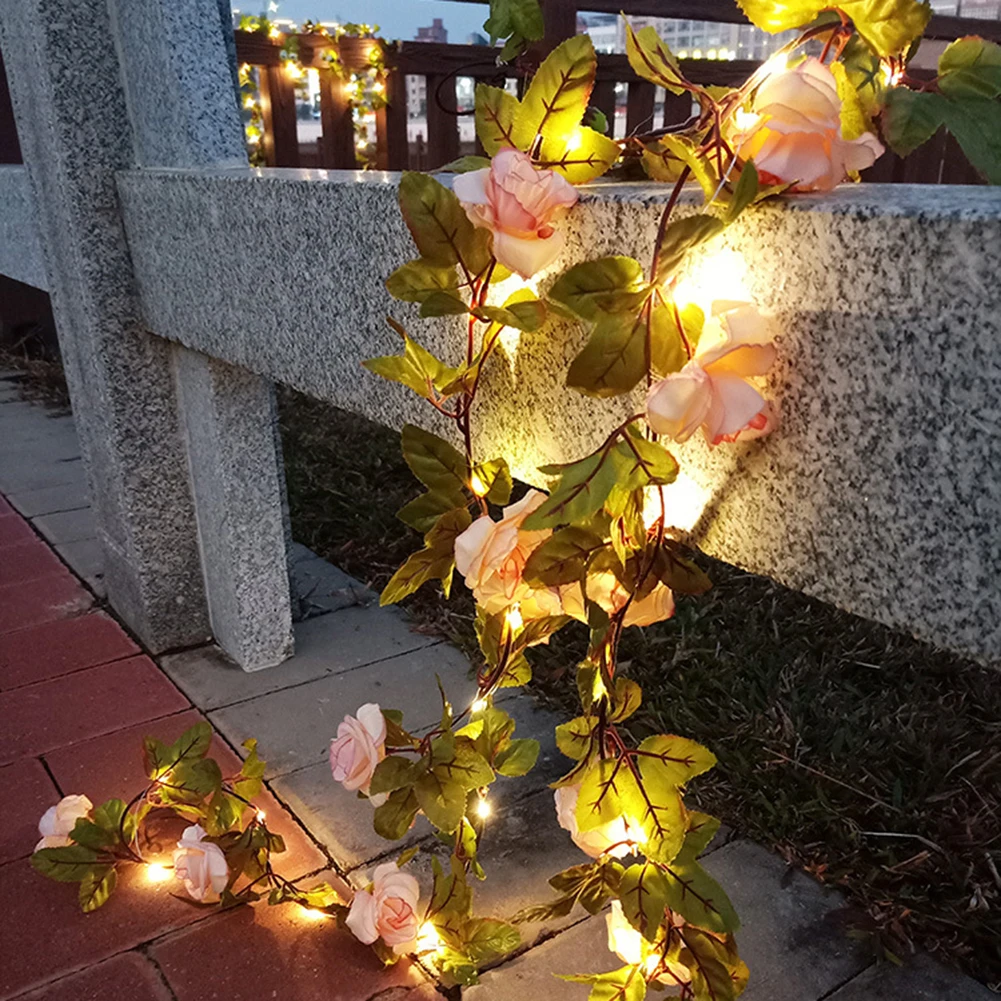 Cadena de luces de vid de flores rosas artificiales, guirnalda de rosas, planta de hadas, luz colgante de pared para el hogar, jardín, decoración de fiesta de boda