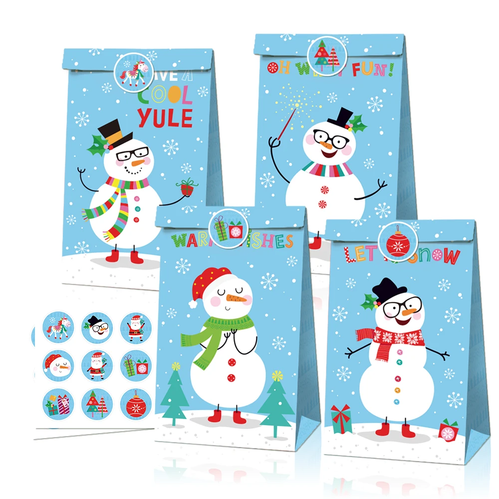

LB049 12Pcs Winter Merry Christmas Snowman Birthday Party Candy Kraft Pack Paper Gift Bags Gifts Box Snow Xmas Party Decorations