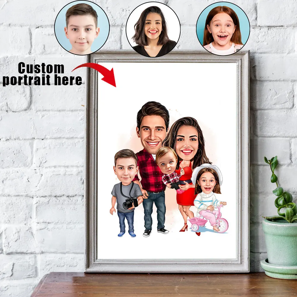 

Custom cartoon family portrait poster cartoon art photo family gift canvas painting art print poster home decoration living room