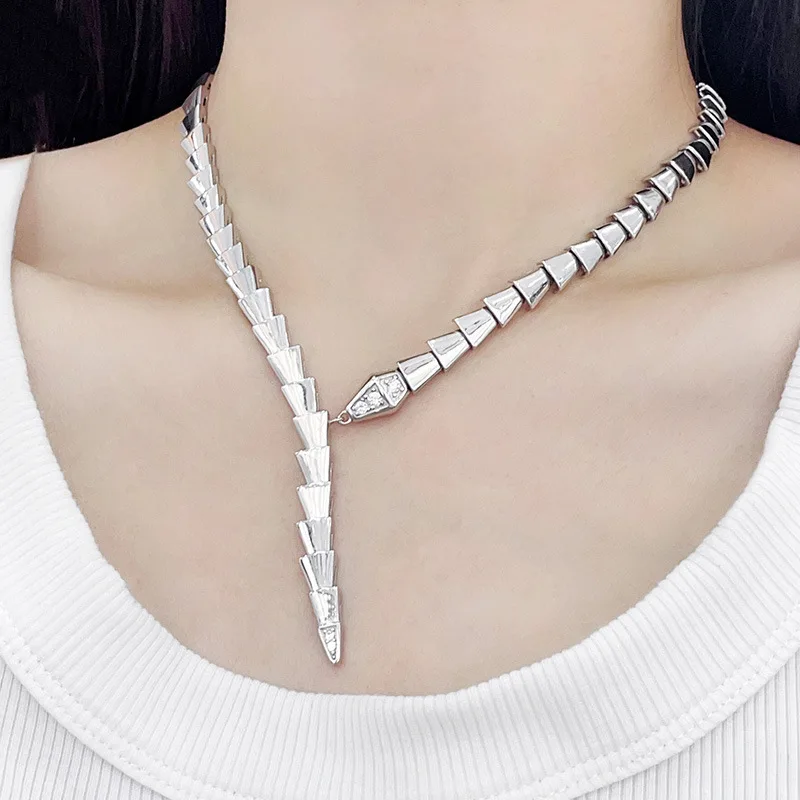 N S925 Silver Hip Hop Trend Head And Tail Inlaid Zircon Snake Bone Necklace Collarbone Neck Chain