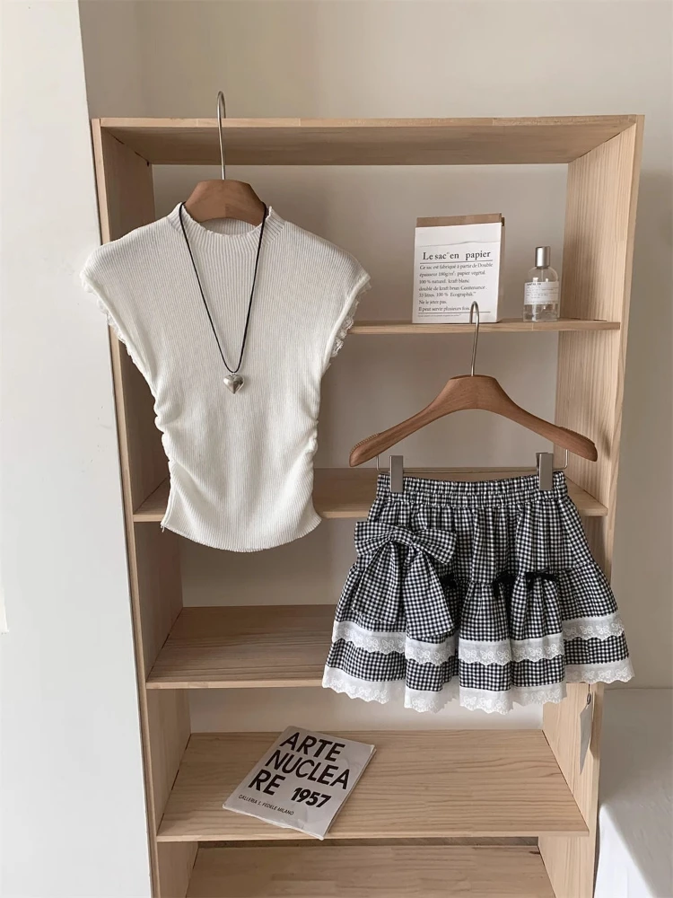 Japonais doux nœud dentelle épissage jupe à carreaux femmes été taille haute plissée couches gâteau gonflé Mini jupes Y2k Faldas