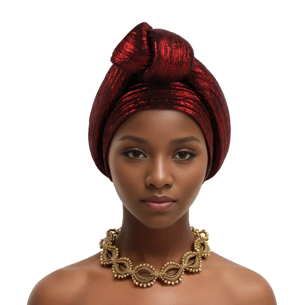 Afrikaanse Headtie Nieuwste Nigeria Aso Oke Twist Knoop Hoofd Wraps Hoofddeksel Tulband Cap Motorkap voor Vrouwen Al Gemaakt Auto Gele Mujer