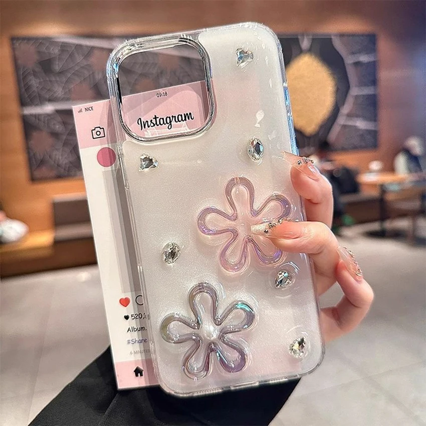 حافظة هاتف مصنوعة يدويًا من الزهور المجوفة لهاتف آيفون 17 16 15 14 13 Pro 12 11 Max 16 Pro Max حافظة هاتف ماسية فلاش غطاء فريد من نوعه