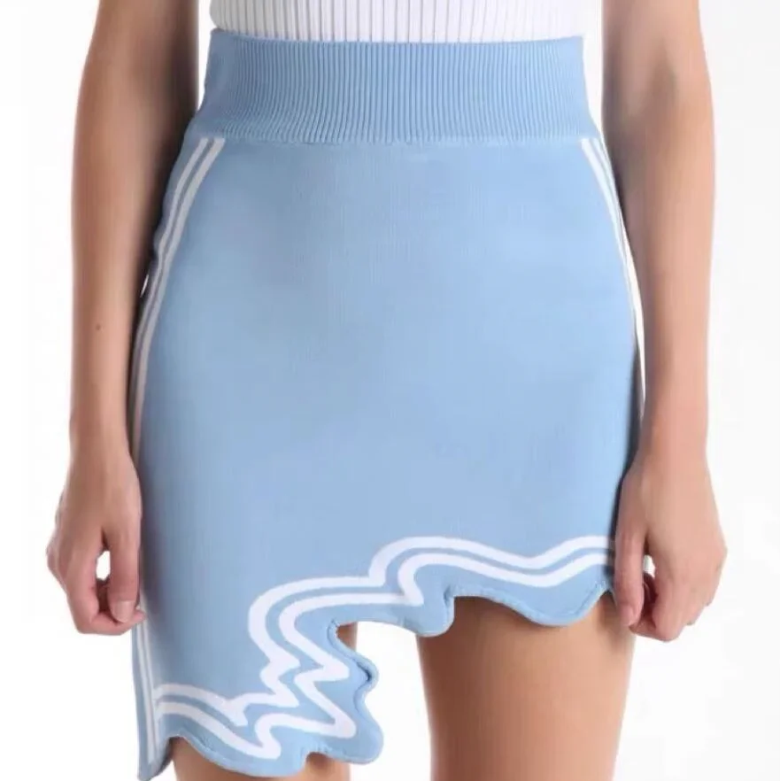 Start New 2022 Asymmetrical Wavy Hem Round Collar Green Sky Blue Black Striped Knit Top Skirt Sexy Female Knitting Top Skirt
