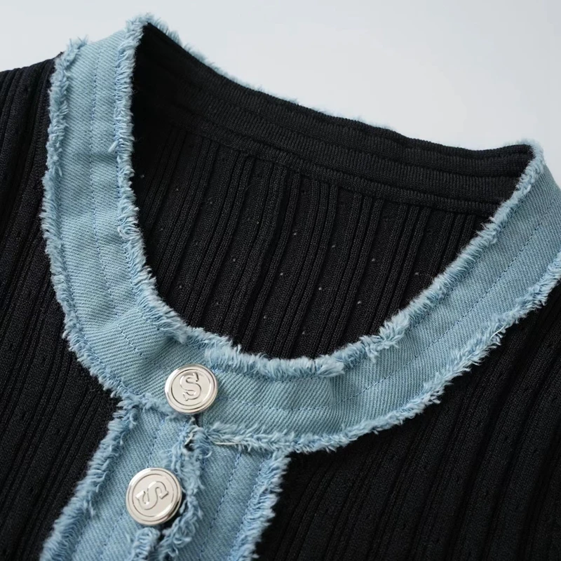 STYLISH LADY Denim Patchwork Knitted Dress 2025 Autumn Women Short Sleeve O Neck Button Bodycon Elegant OL Party Maxi Dresses