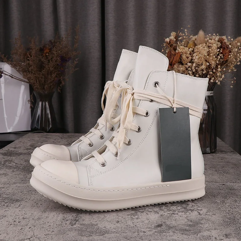 Mężczyźni Buty Casual Genuine Leather Flats White Lace Up Zip High Top Ankle Boots For Women Vintage Luxury Owens Designers Sneakers