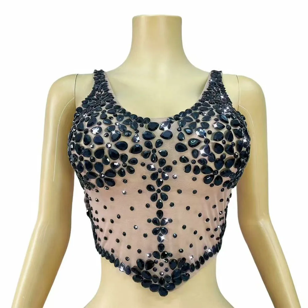 

Sexy Shining Black Rhinestones Mesh Tank top Women Daily Match Clothes Singer Dancer Performance Party Show Photoshoot Costume