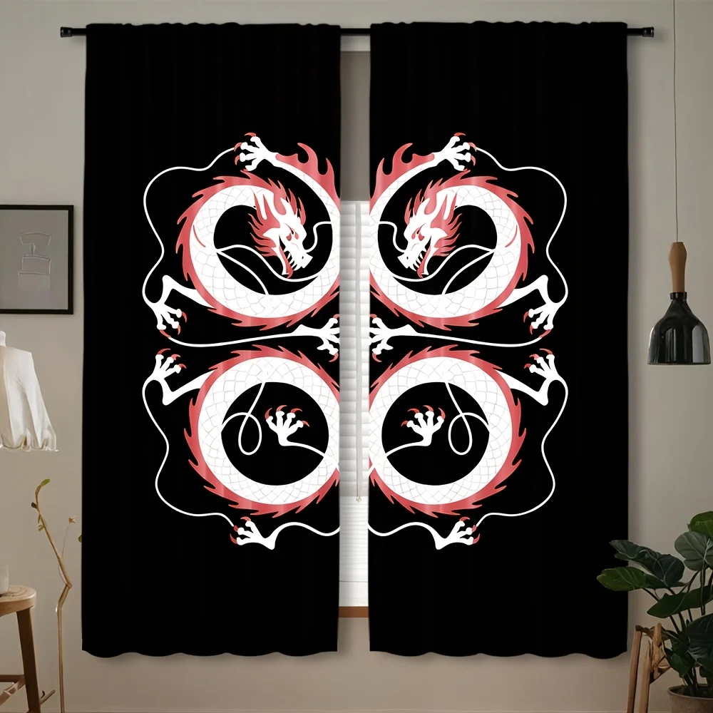 

2pcs Modern Chinese Dragon Blackout Curtains, 100% Polyester, Semi-Sheer, All-Season, Decorative Rod Pocket Window Drapes for