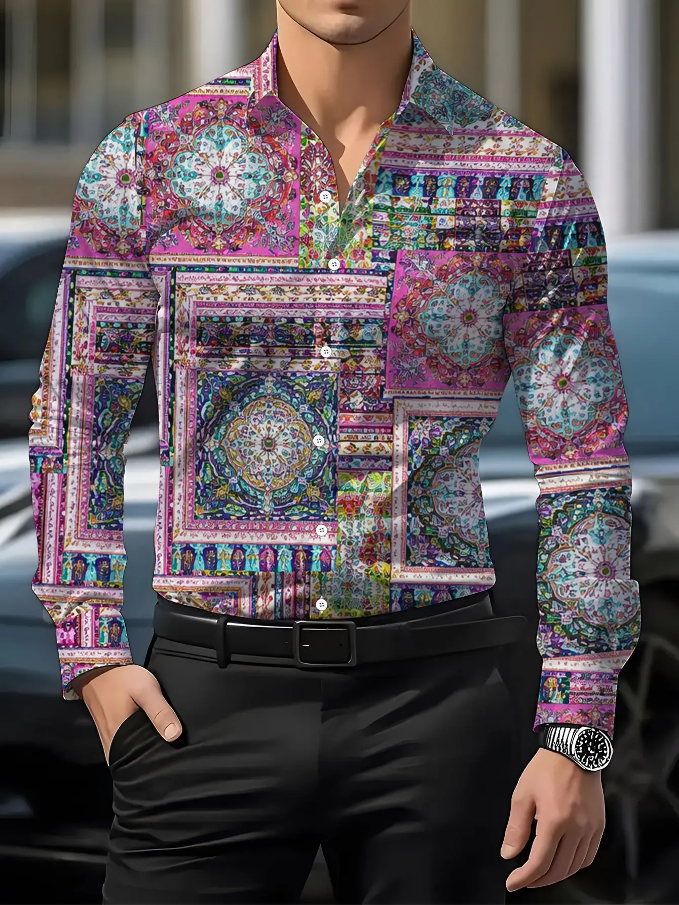 Men Long Sleeve Shirt Bohemian Mandala Patchwork Print Button Down Casual Daily Holiday Party Slim Fit Tops Men's Clothing