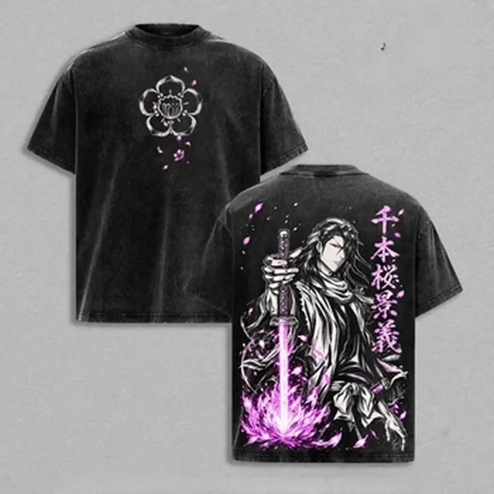 Camiseta Kuchiki Byakuya BLEACH, Camiseta Vintage de Anime Lavada, Camiseta Oversize de Verano de Manga Corta, Camisetas de Algodón para Hombre y Mujer