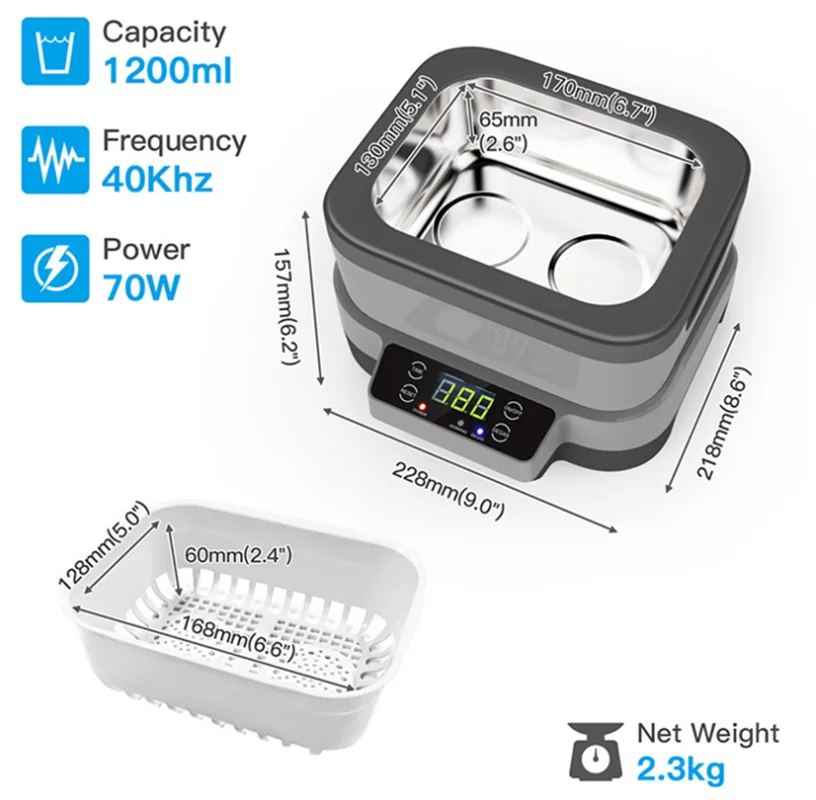 Ultrasonic Cleaning 1200ml Large Capacity Glasses Jewelry Ring Watch Medical Equipment Split Type Cleaner With HD Display