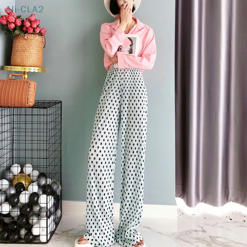 

Polka-Dot Ice Silk Pleated Pants With Wide Legs Casual High Waist And Fashionable Drape