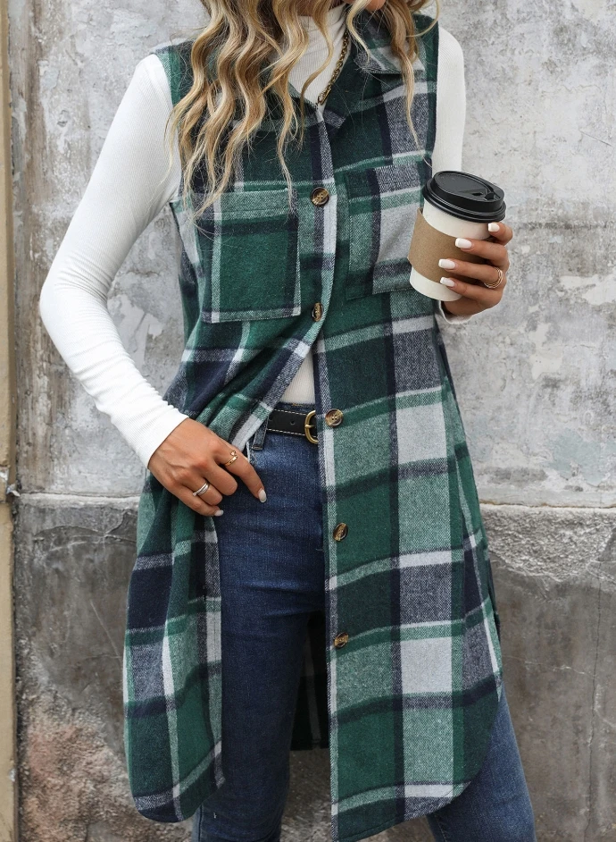 Women's Vest Jacket Fashion Casual Sleeveless Turn-down Collar Button Loose Fit Cardigan Coat Vintage Plaid Print Longline Vest