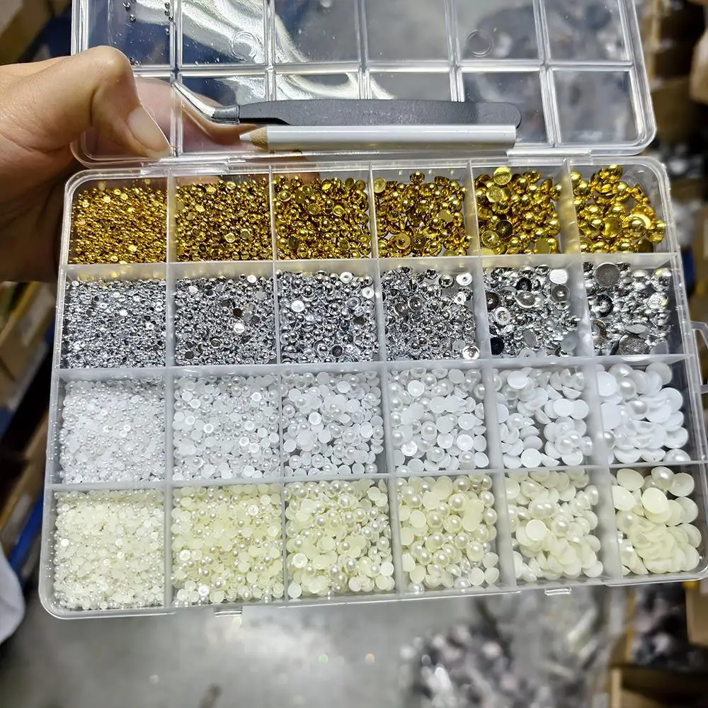 12/24Grids 3D Mixed Gold Silver Pearls Nail Art Charms 2/3/4/5/6/8mm Caviar Beads Nails Art Decorations DIY Manicure Accessories