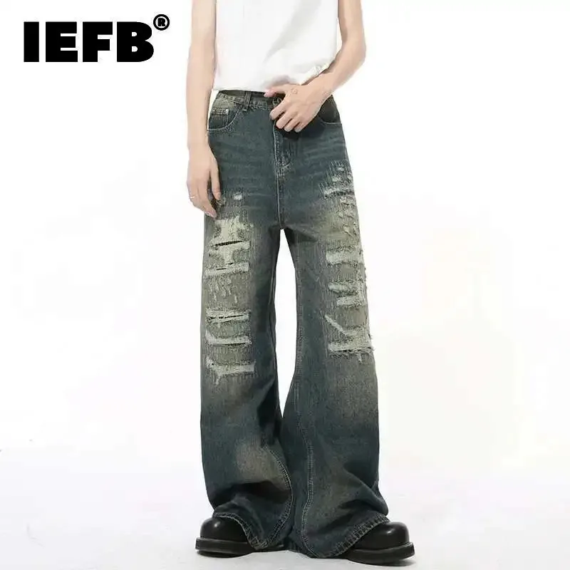 IEFB High Street Men's Denim Pants Hole Worn-out Streetwear Trousers Straight Wide Leg Casual Male Jeans New Autumn 2024 9C8513