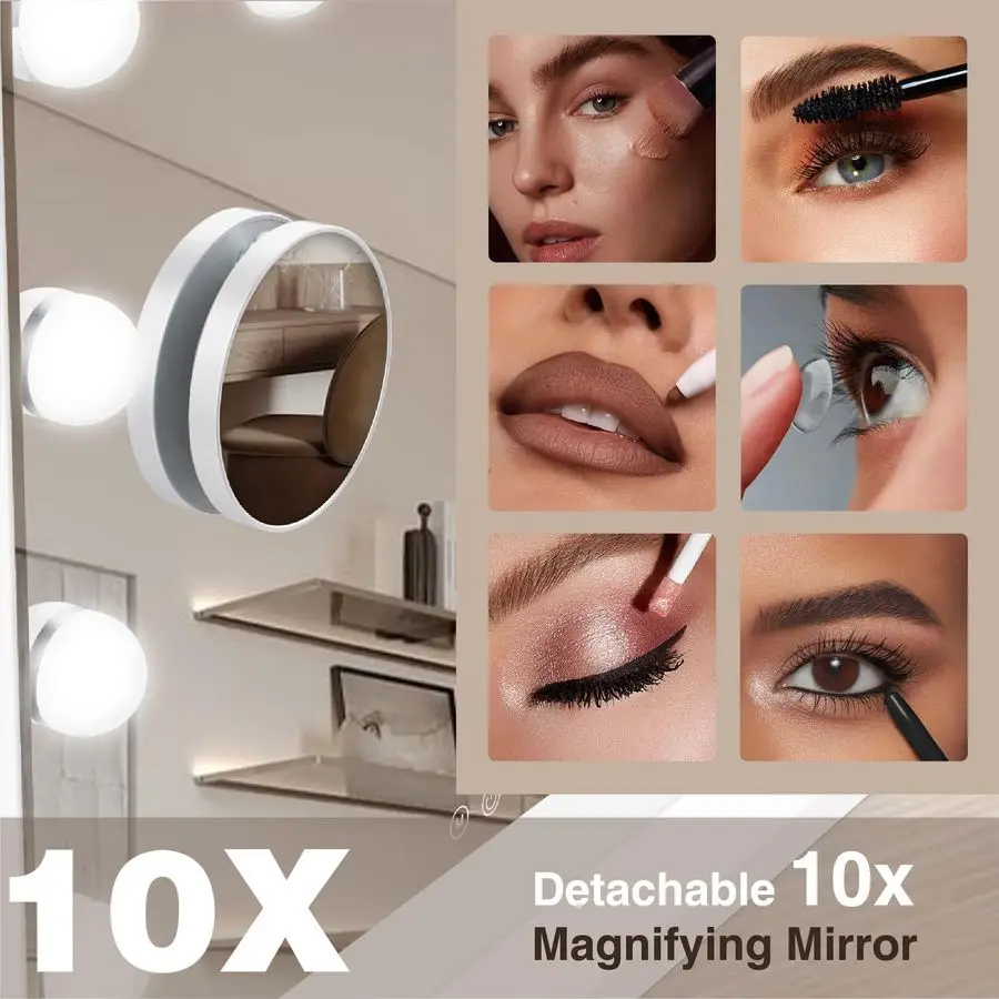 مرآة مكياج مع أضواء، مرآة زينة هوليوود مع 3 أوضاع ألوان، مرآة زينة مضيئة مع لمبات LED قابلة للتعتيم مكبرة 10X #5