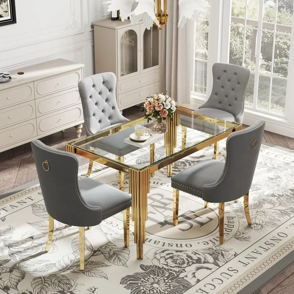 

5 Piece Glass Dining Table Set For 4, 53" Rectangle Kitchen Table With 4 Gray Velvet Upholstered Chairs, Tempered Glass Tabletop