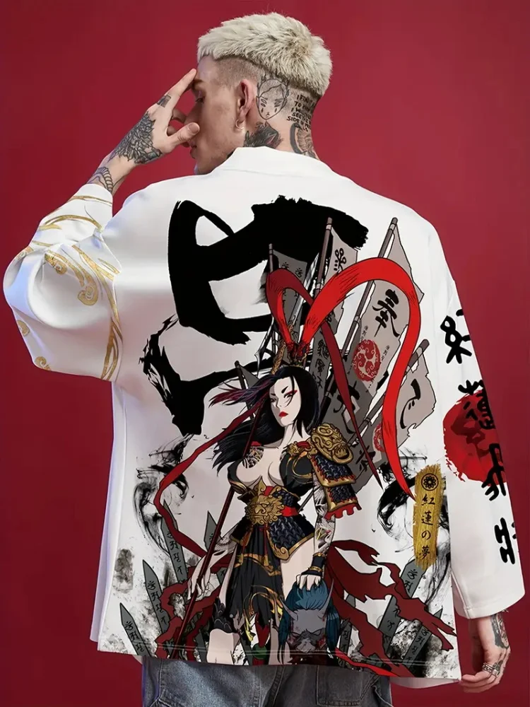 Trend Fashion Japanese Summer Kimono Red Lotus Dream Bong Xian Print Traditional Kimono Casual Loose Cardigan Short Sleeve