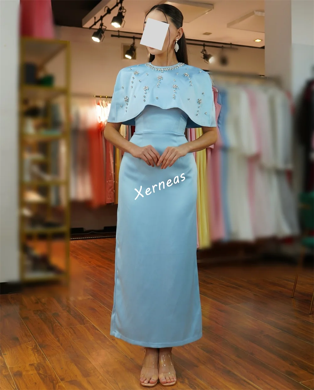 Customized Charmeuse O-Neck Rhinestone A-line Midi Dresses Bespoke Occasion Shawl Women's Evening Party Gown Sparkle Formal