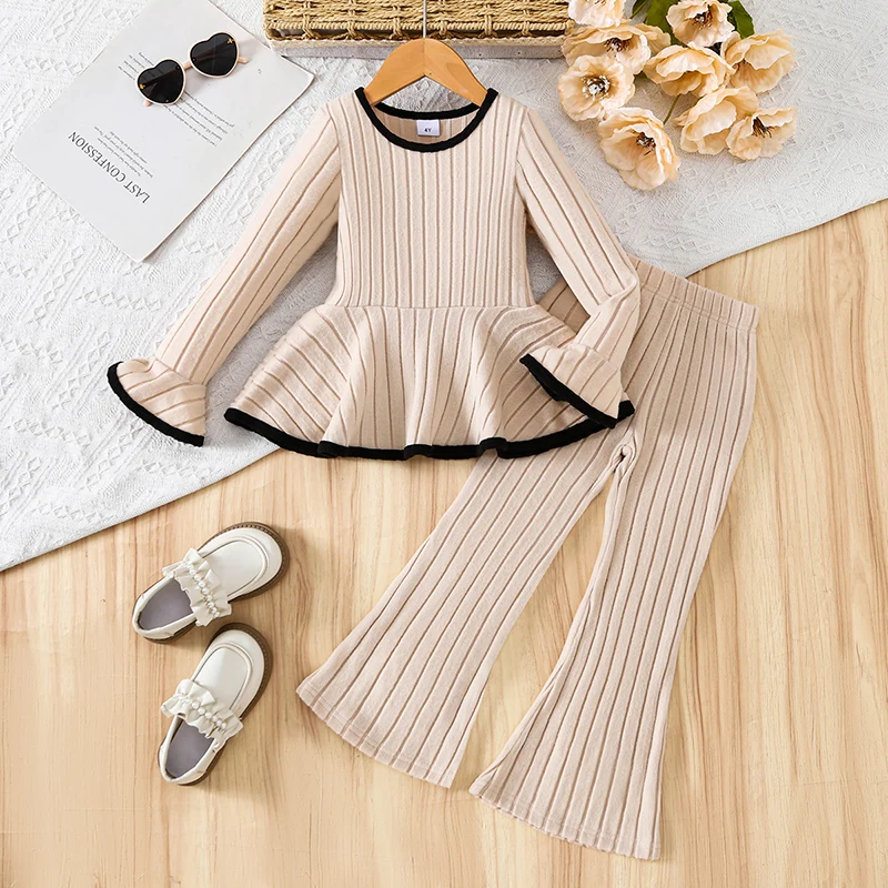 Autumn And Winter Girls' Casual Cute Knitted Round Neck Lotus Leaf Long Sleeved Top&Wide Leg Pants Two-Piece Set