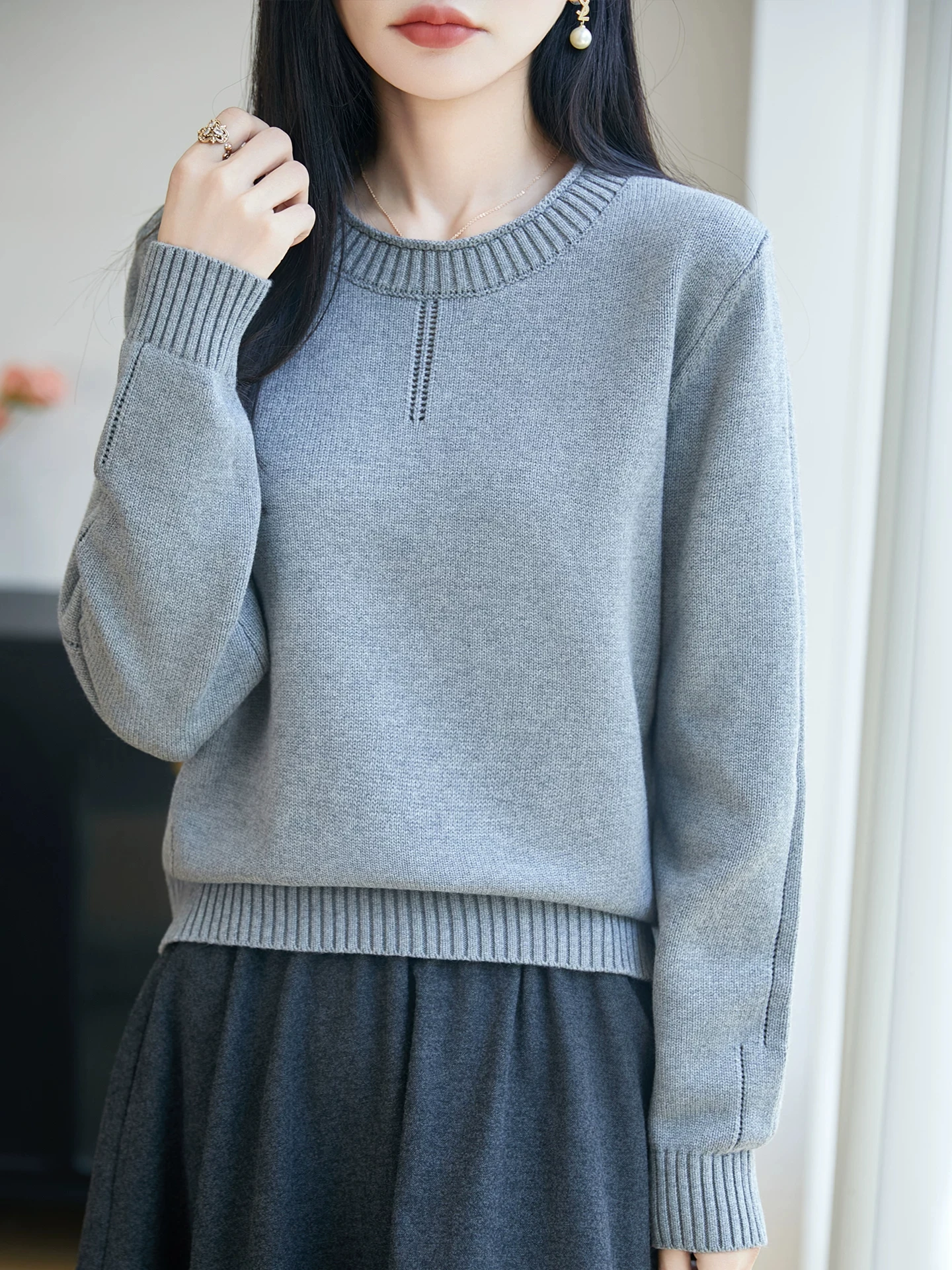 100% Pure Cotton round Neck Knitted Sweater Women's  Color Long Sleeve Loose Casual Overhead Base Shirt Soft Knitwear