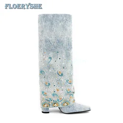 Rhinestone Cowboy Boots Knee-high Mixed Color Luxury Blue Chunky 2024 Design Winter Women Shoes Square Toe Light Blue Flanging