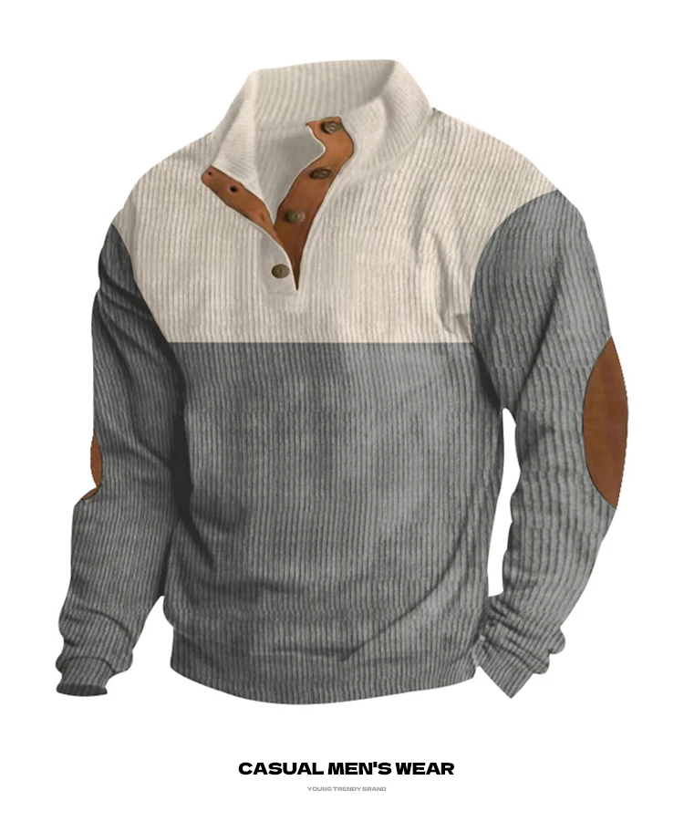 Men Navy Beige Color Block Stand Collar Knit Sweater Regular Fit Soft Warm Fabric Casual Button Up Pullover For Men All Seasons