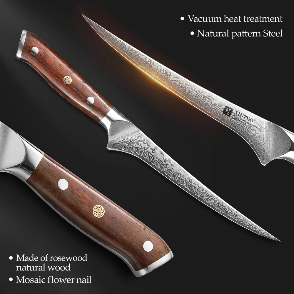 XINZUO 7 Inch Fillet Knife 67 Layers Damascus Steel 60±2HRC Boning Knife High Hardness Kitchen Knife Premium Rosewood Handle