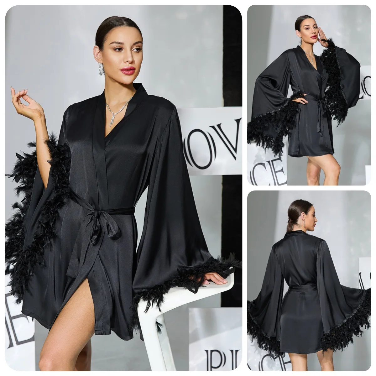 Light Luxury Satin Feather Horn Sleeve Nightgown Black V-neck Lace-up Short Skin-friendly Loungewear CW38120