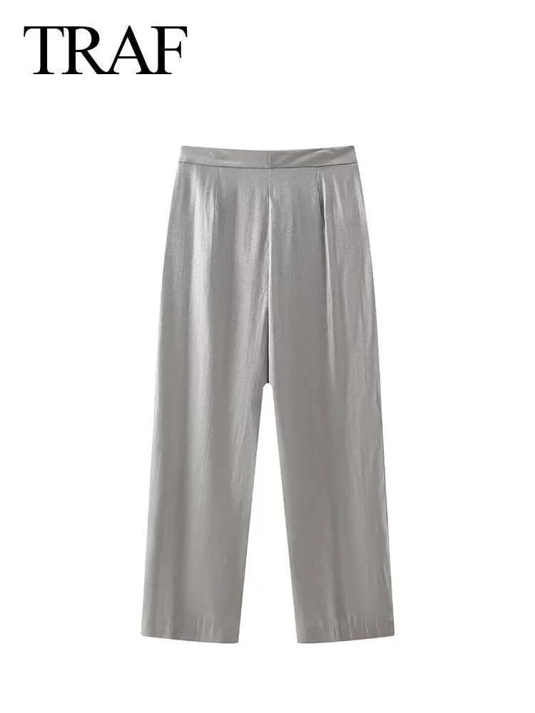 TRAF-Pantalon Surintendant Argenté pour Femme, Taille Haute, Décontracté, Long, Poches, Fermeture Éclair, Chic, Jambes Larges, Nouvelle Mode, Printemps