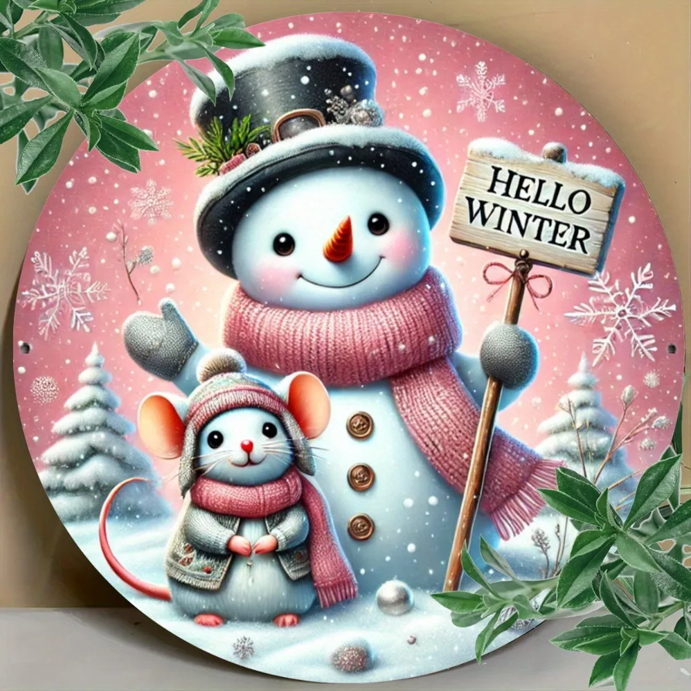 1-Piece Circular Iron Sign - Pink Snowman & Mouse Theme Multi-Functional Wreath, Easy-to-Hang Wall Decor | Suitable for Home,