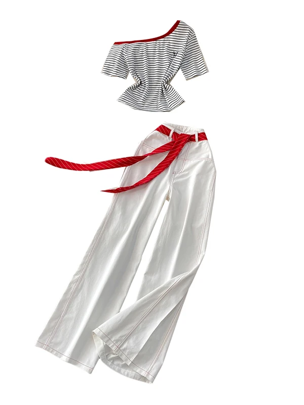 Sexy Oulder Bared Stripe Ort Sve T Irt Plus Schlankheits-Jeans-Set mit weitem Bein und hoher Taille Pure Desire Sle Summer Faion