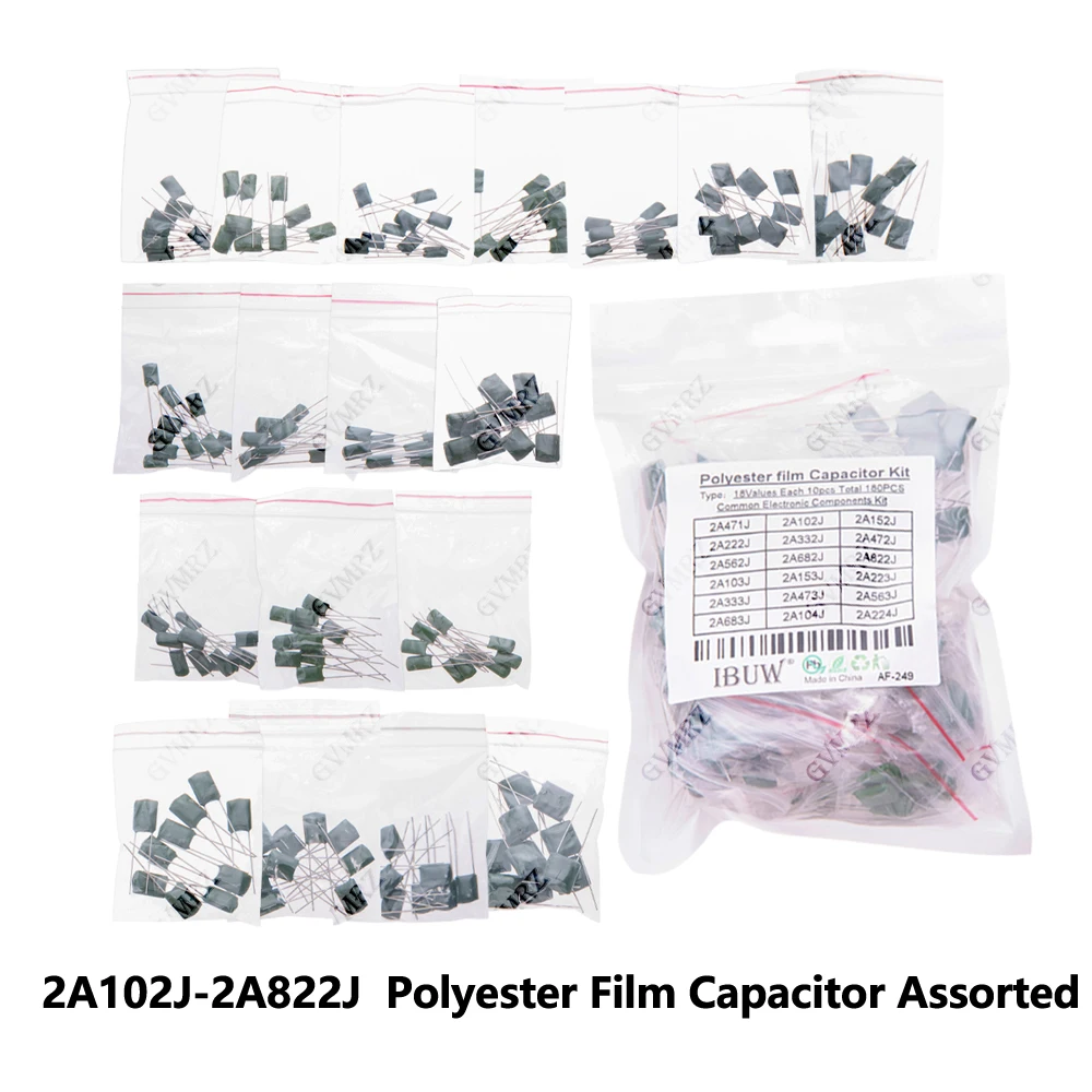50PCS 2A333J 2A102J-2A822J 2A334J Polyester Film Capacitor Assorted Values J Tolerance for Electronics 2A333J DIY 2A152J 2A222J