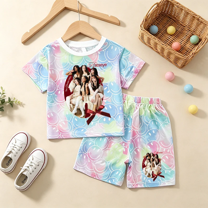 Kpob Katseyed Girl T-shirt 2pcs Set Tie-dye Smlie Tees Kids Short Sleeves Shorts Suit Baby Cute Cartoon T Shirt Summer Clothes