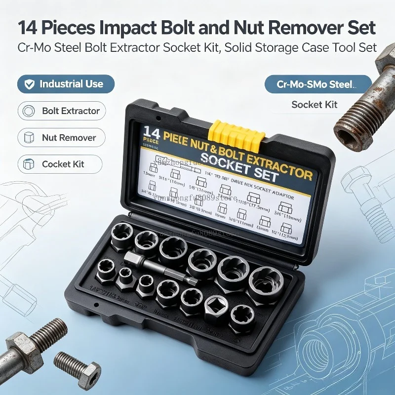 14 Pieces Impact Bolt & Nut Remover Set Cr-Mo Steel Bolt Extractor Tool Set with Solid Storage Case for Industrial Drop Shipping