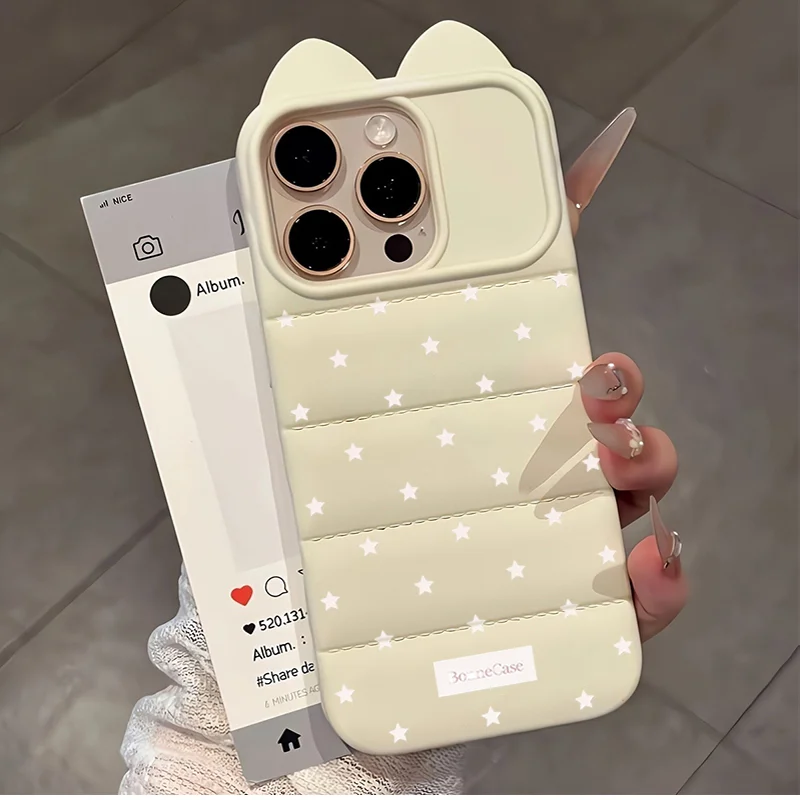 Korean INS White Star Soft Phone Case For iPhone 17 16 15 Pro Max 16 15 14 Plus 11 12 13 Pro Max Cat Ear Lens Protection Cover view 3