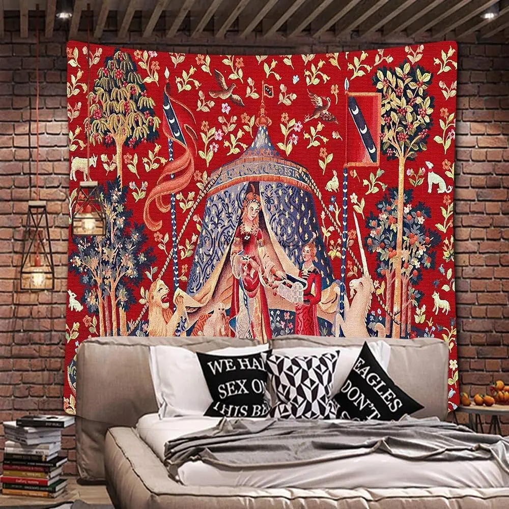 Medieval Lady and Unicorn Tapestry, Lion Renaissance Red Floral Art Print Wall Hanging for Bedroom Living Room Dorm Home Decor