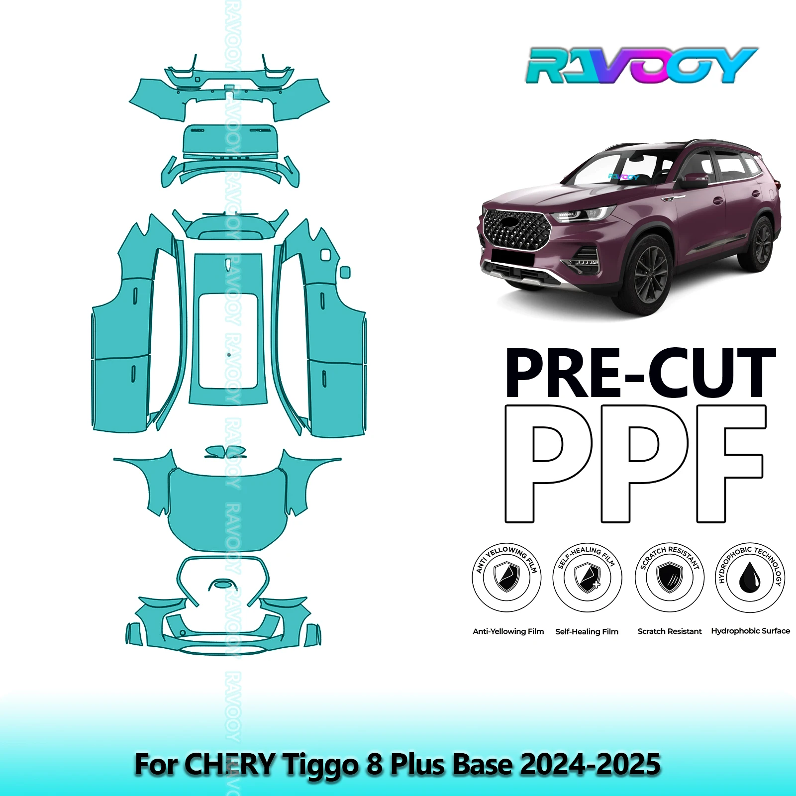 For CHERY Tiggo 8 Plus Base 2024-2025 Full Body 8.5Mil Pre-Cut Paint Protection Film PPF Clear Bra Kit Clear/Matte/Black Options
