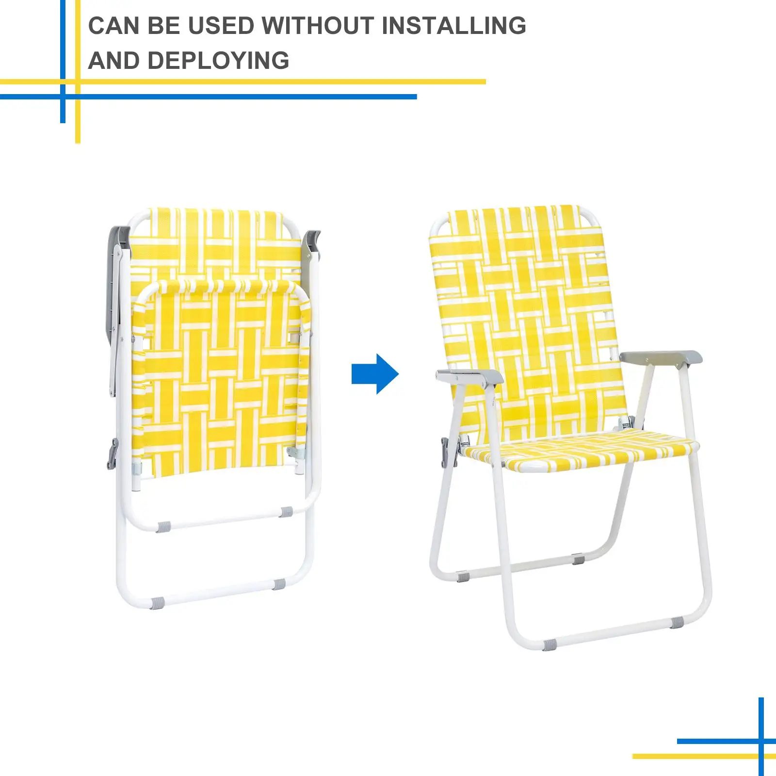 2pcs Steel Tube Folding Beach Chair with 120kg Capacity, Yellow & White Striped PP Webbing