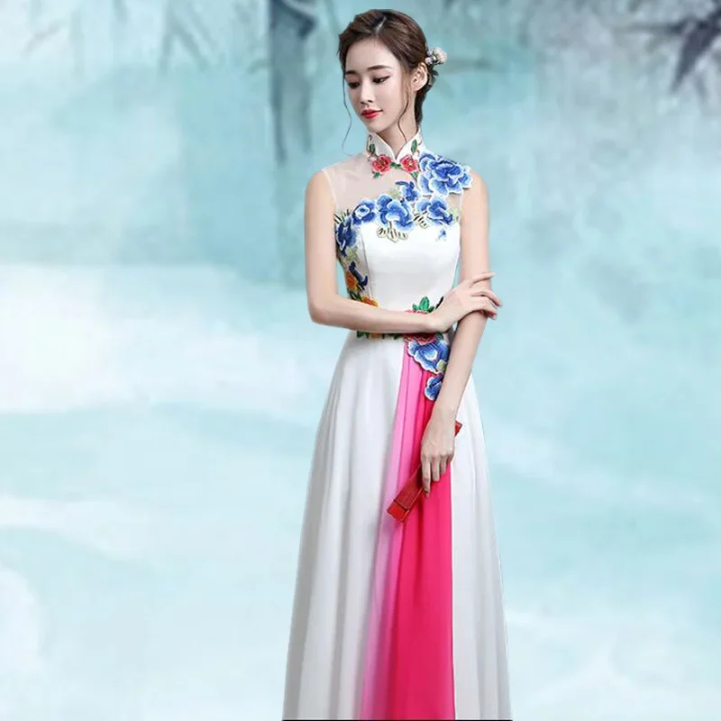 

Белое женское традиционное платье Cheongsam, сексуальное свадебное платье Ципао с вышивкой, китайские восточные платья, Vestidos Formales, длинное QiPao