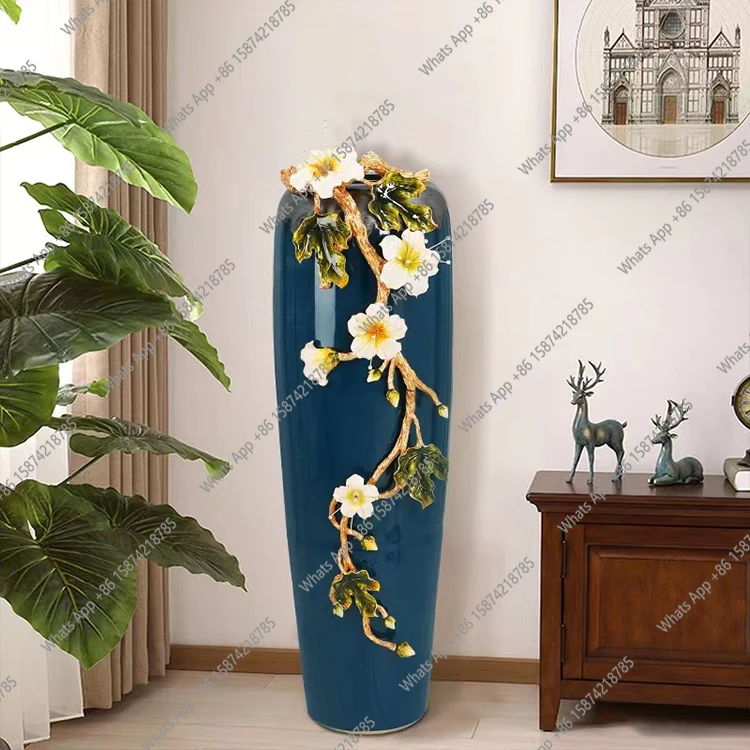 floor-to-ceiling large vase Chinese-style enamel color ornament large decorative dried flower arrangement entrance living room
