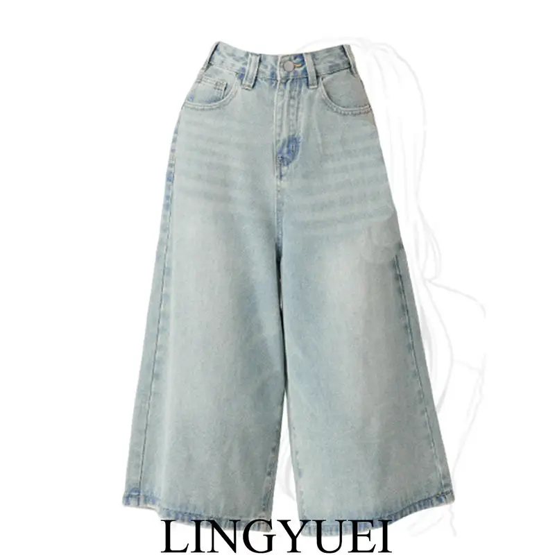 شورت جينز ريترو سبع المحاصيل للنساء يغسل الفتيات اليابانية الساخنة عالية الخصر مستقيم واسعة الساق السراويل