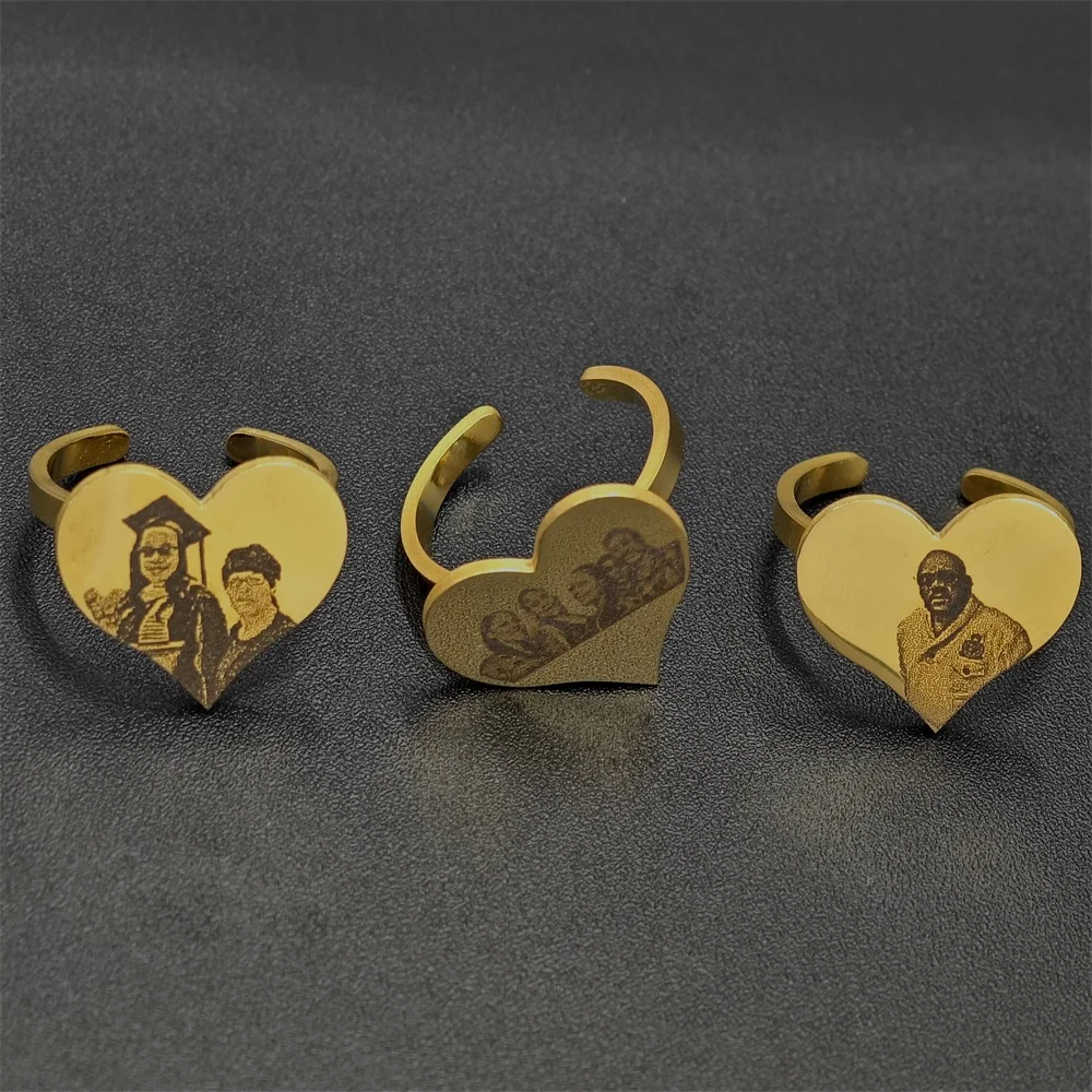 2023 Custom Photo Heart Open Ring Customize Engraving Stainless Steel Adjustable Ring Personalized Jewelry Gifts