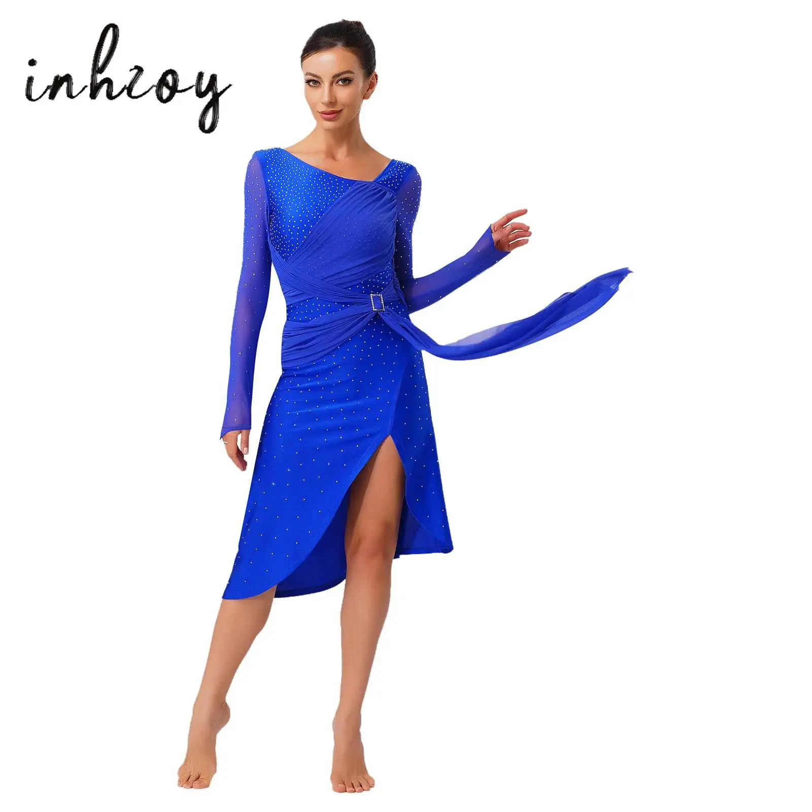 

Women Latin Lyrical Dance Dress Fashion V-neck Long Sleeves Rhinestone Ruched Belt Split Design Rhythm Dress Ballroom Costume