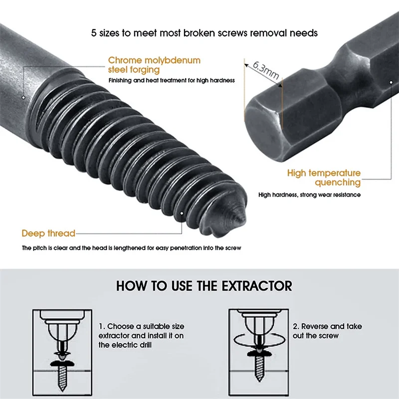 5pc Hexagonal Handle Broken Head Screw Extractor 60mm Black Quick Release Electric Hexagonal Broken Thread Removal Tool Set