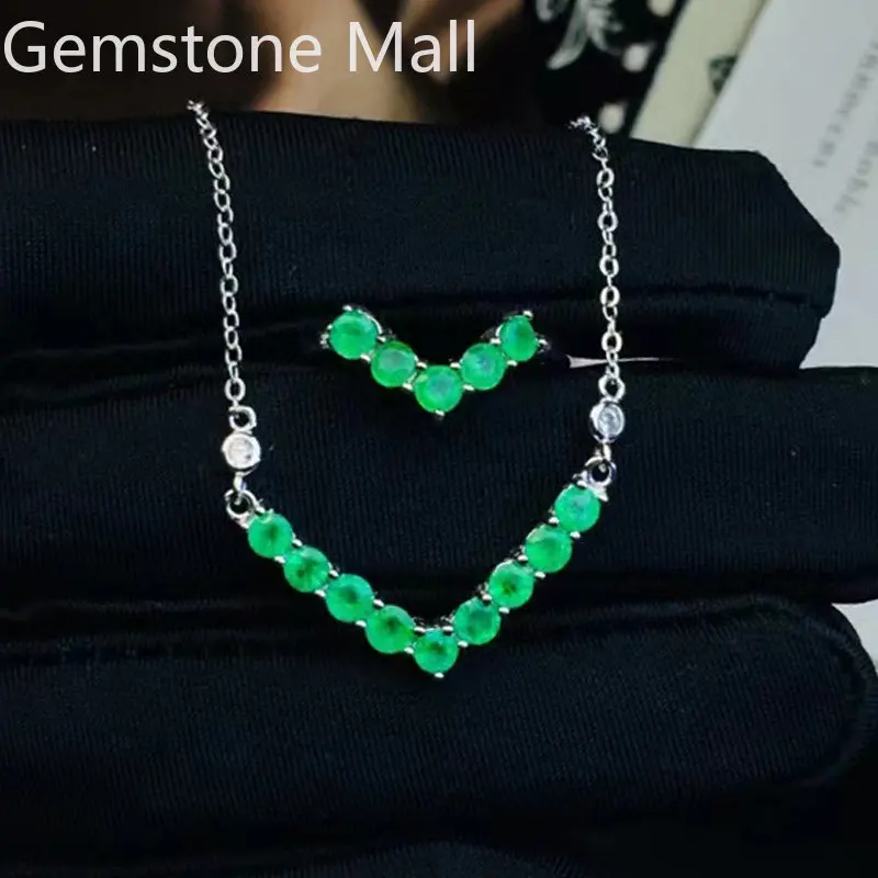 Total 1.4ct Natural Emerald Necklace and Ring Setting for Office Woman 3mm Round Emerald 925 Silver Jewelry