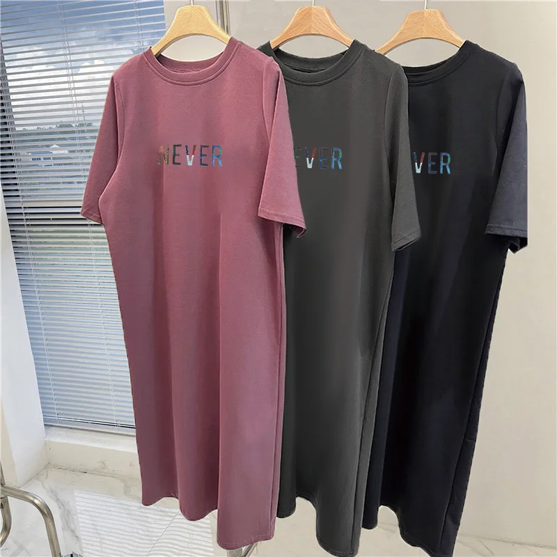 Summer Oversized Women Long T Shirt Dress White Round Neck Color Letter NEVER Print Casual Side Split Maxi Dress 3