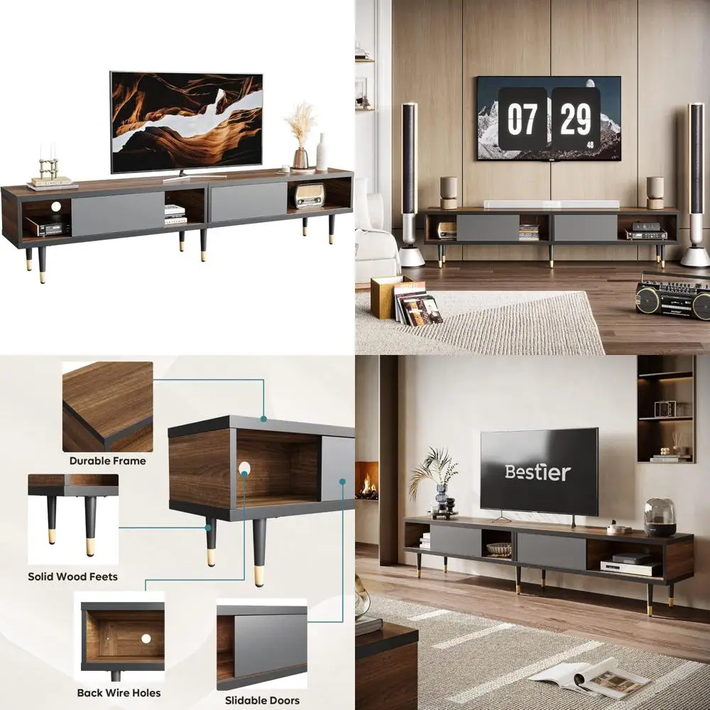 حامل تلفزيون حديث لمنتصف القرن لأجهزة التلفاز مقاس 85 بوصة، ومركز ترفيه مع أبواب تخزين ومنزلق، وخزانة تلفزيون طويلة مزدوجة الوظيفة