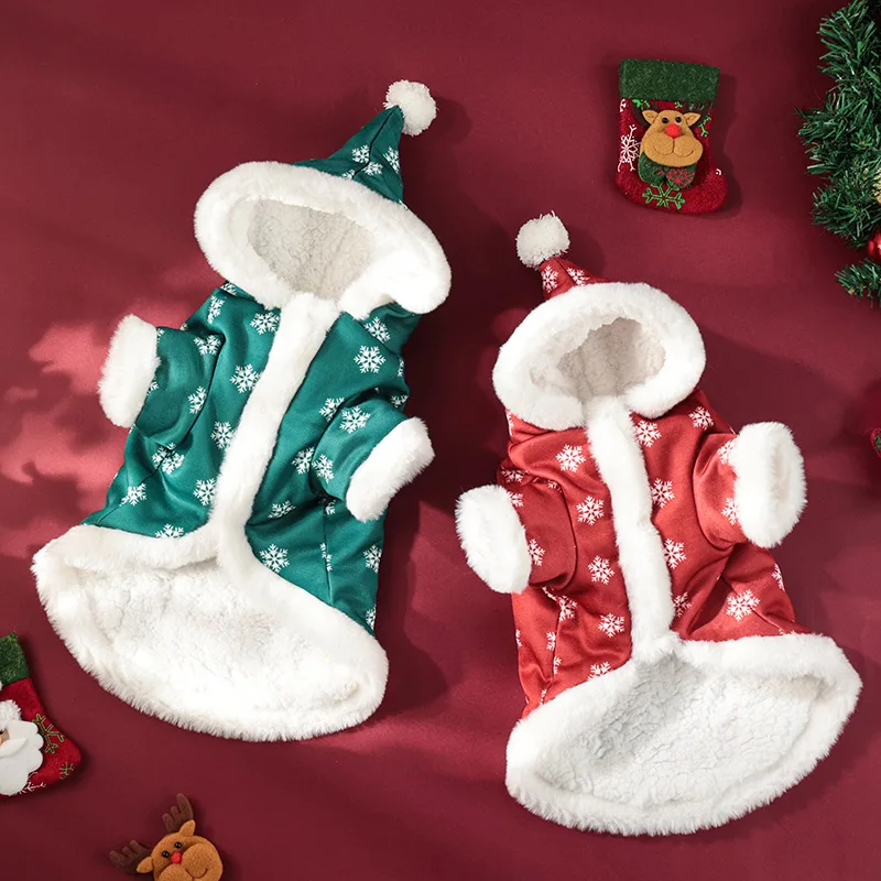Weihnachts-Schneeflocken-Hundemantel mit Kapuze, mit Plüsch gefütterte Winterjacke, warmes Haustier-Outfit für kleine/mittlere Hunde