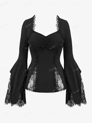 ROSEGAL New Gothic Floral Lace Panel T-shirt Black Sweetheart Neck Cinched Lace-trim Flare Sleeves Tops For Women Streetwear Tee